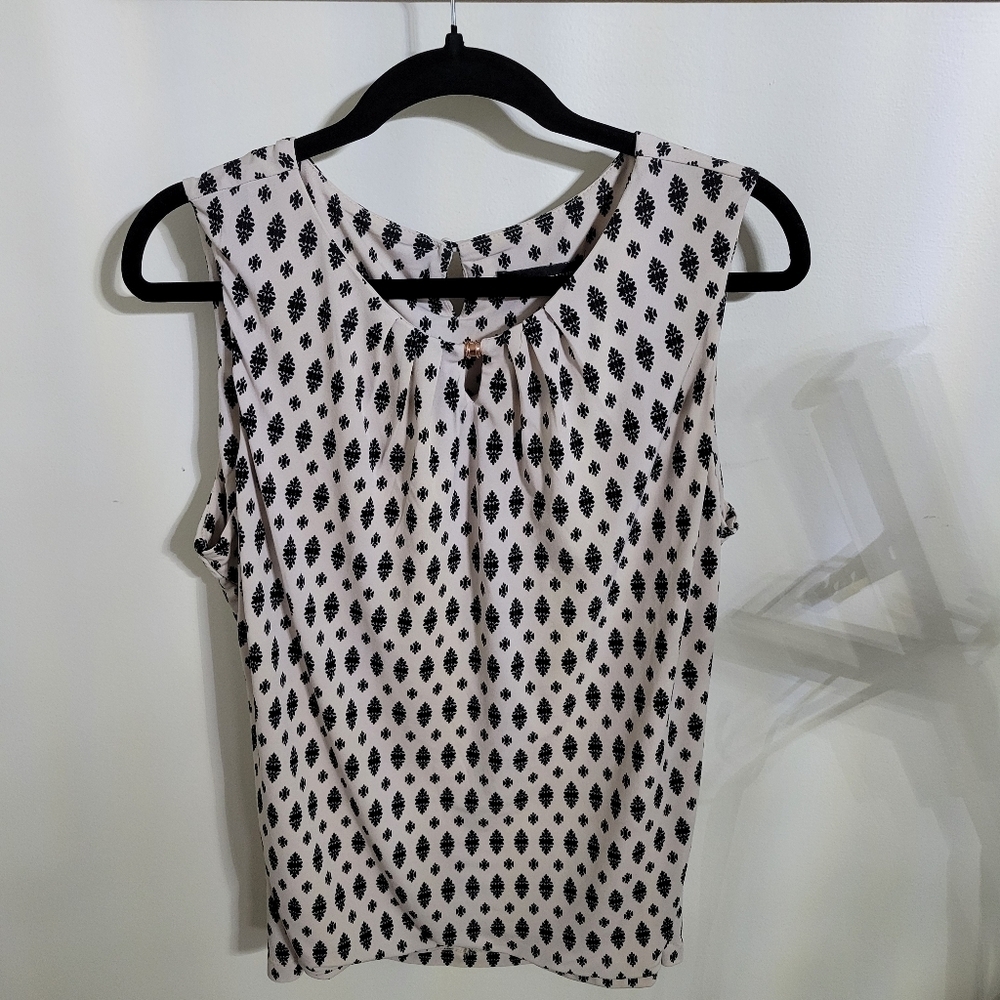 Ivanka Trump Creamish Colored Sleeveless Top with Black Pattern Motif, Size L